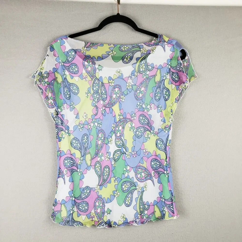 Rafaella Women's 16 Cap Sleeve Cowl Top Lettuce Hem Pastel Paisley Kawaii‎ Y2K